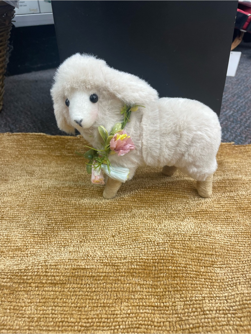 Handmade freestanding lamb with soft faux fur & paper mache legs